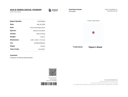 Pigeon's Blood Ruby Round 0.54ct with Certificate