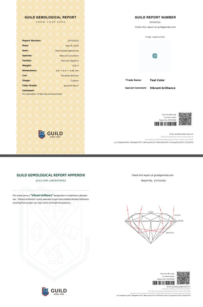 Unheated Teal Sapphire Cushion 1.63ct with Certificate