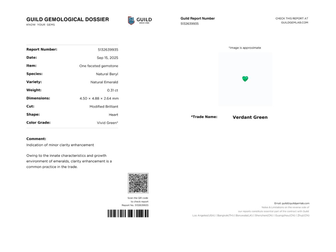 Verdant Green Emerald Heart 0.31ct with Certificate