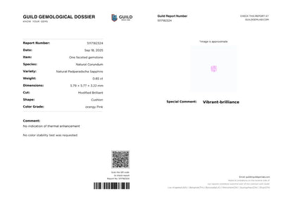 Unheated Padparadscha Sapphire Cushion 0.85ct with Certificate