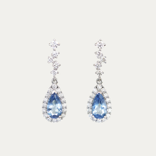 18k White Gold Santa Maria Aquamarine Diamond Dangle Earrings, Pair