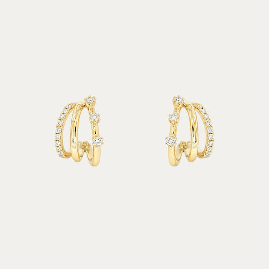 18k Gold 3-row Pavé and Prong Set Diamond Huggie Earrings, Pair