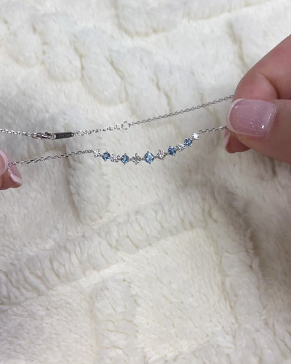 18k White Gold Santa Maria Aquamarine Diamond Smile Curved Bar Necklace