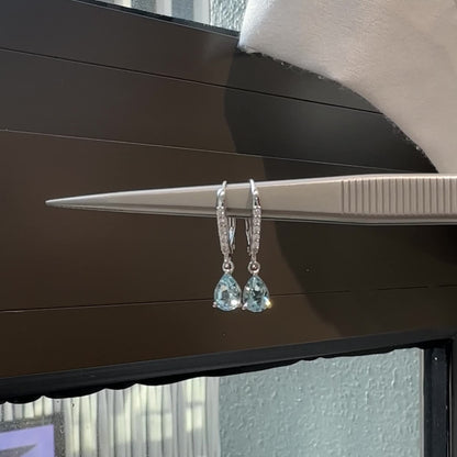 18k White Gold Aquamarine Diamond Dangle Earrings, Pair