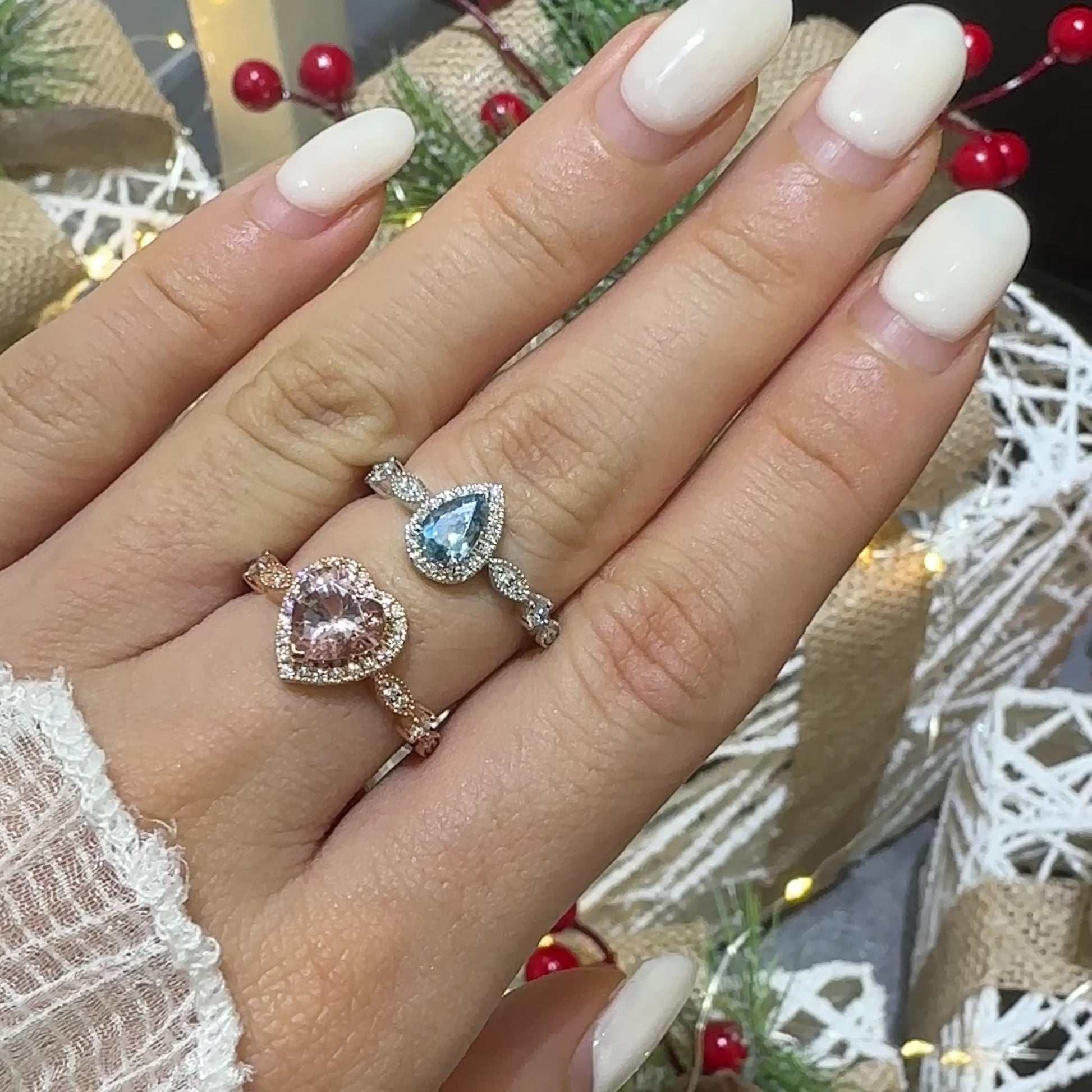  18k玫瑰金心形摩根石鑽石戒指 和海藍寶鑽石戒指戴上手 18k Rose Gold Heart Shape Morganite Diamond Ring and Aquamarine Rings on hand