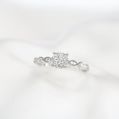 18k白金鑽石碌珠邊復古戒臂戒指 18k White Gold Beaded Round Brilliant Diamond Ring