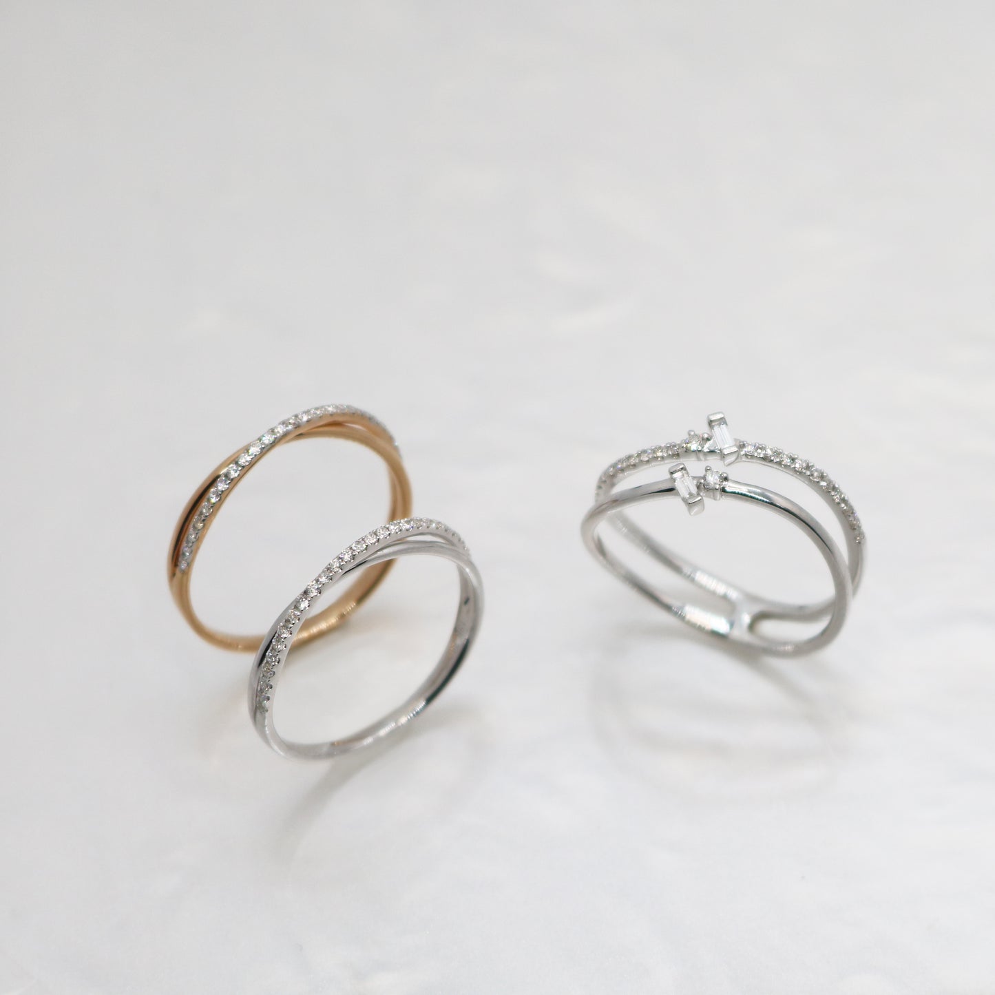 三隻18k玫瑰金交錯鑽石戒指 Three 18k Rose Gold 2-Row Diamond Rings